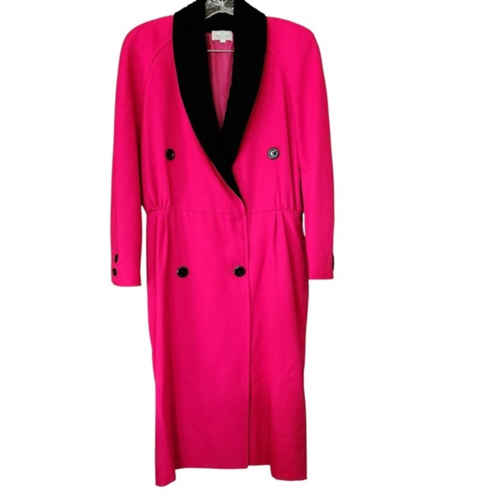 Vtg Valentino Boutique Dress Coat Wool Velvet Collar House Frock Size 10 Fuchsia